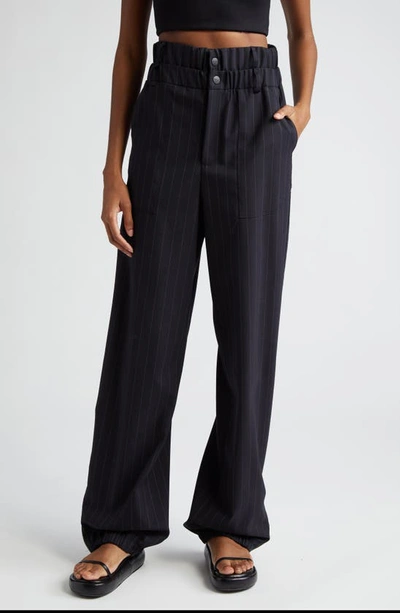 Monse Pinstripe Double Waistband Zip Hem Stretch Virgin Wool Pants In Midnight