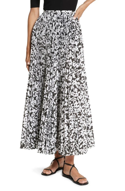 Michael Kors Floral Print Pleated Poplin Maxi Skirt In Black/optic White