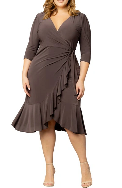 Kiyonna Women's Plus Size Whimsy Ruffled Midi Wrap Dress In Java