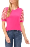 Cece Daisy Puff Sleeve Mix Media Top In Bright Rose