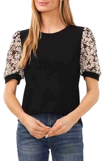 Cece Daisy Puff Sleeve Mix Media Top In Rich Black