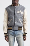 AMIRI AMIRI STAR APPLIQUÉ LEATHER SLEEVE VIRGIN WOOL BLEND VARSITY JACKET