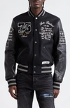 AMIRI EAGLE PATCH OVERSIZE LEATHER SLEEVE WOOL BLEND VARSITY JACKET