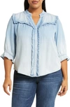 WIT & WISDOM RUFFLE TRIM CHAMBRAY BUTTON-UP TOP