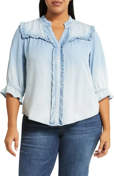 Wit & Wisdom Ruffle Trim Chambray Button-up Top In Light Powder Blue