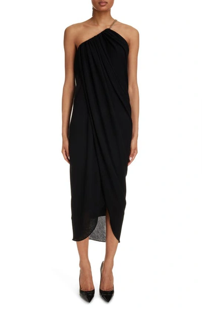 CHLOÉ CHAIN STRAP ONE-SHOULDER WOOL CREPE JERSEY MIDI COCKTAIL DRESS