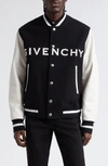 Givenchy Wool And Grained Leather Varsity Jacket In Nero