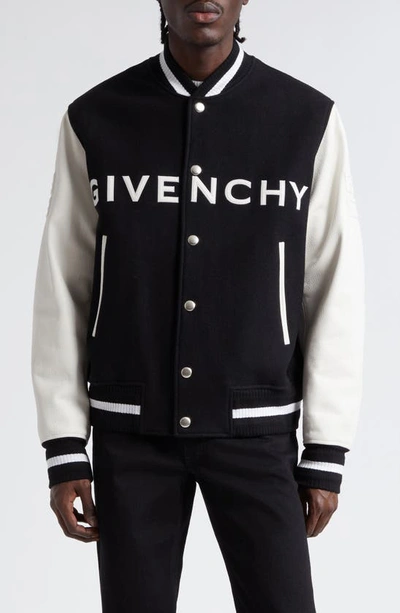 Givenchy Wool And Grained Leather Varsity Jacket In Black/white