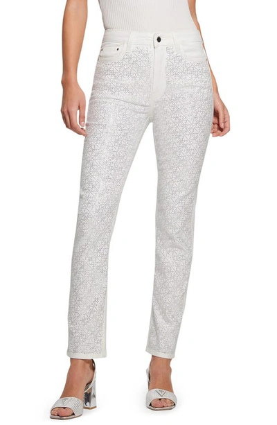 Guess Girly Rhinestone Stretch Cotton Trousers In White