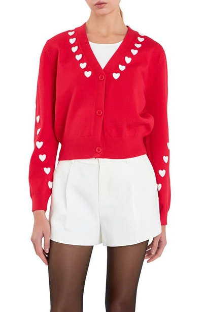 English Factory Women's Heart Contrast Knit Cardigan In Red