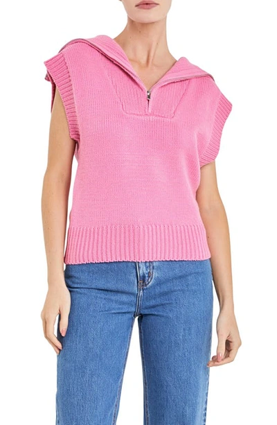 English Factory Zip Mock Neck Cap Sleeve Sweater In Pink