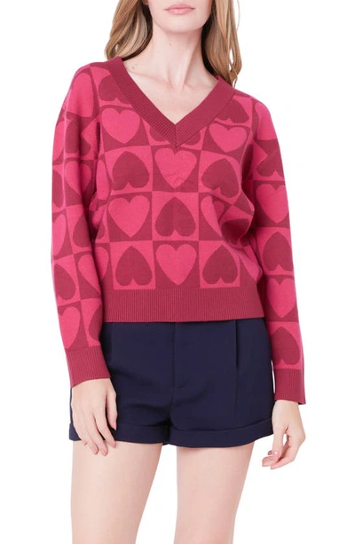English Factory Heart V-neck Pullover Sweater In Pink Multi