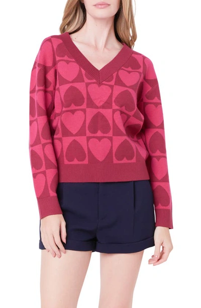 English Factory Heart V-neck Pullover Sweater In Pink