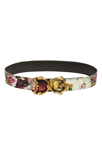 Dolce & Gabbana Charmeuse Floral Mixed-media Belt With Baroque Dg Buckle In Black Flow
