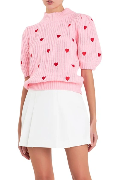 English Factory Heart Embroidered Puff Sleeve Jumper In Pink