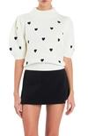 English Factory Heart Embroidered Puff Sleeve Sweater In White/ Black