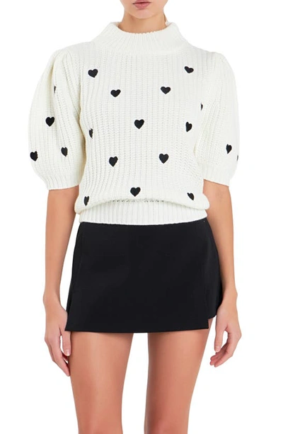 English Factory Heart Embroidered Puff Sleeve Sweater In White/ Black