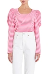English Factory Puff Sleeve Striped Knit Top In Pink In Pink/ White