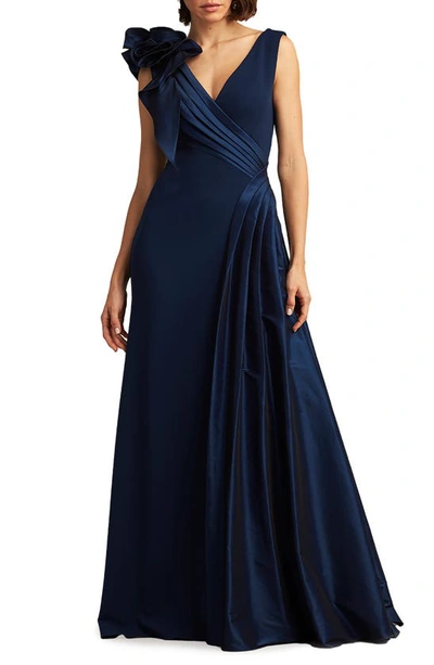 Tadashi Shoji Sleeveless Draped Taffeta & Velvet Gown In Navy