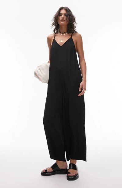 Topshop Cami Wide Leg Jumpsuit With Open Back In Black-green