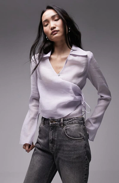 Topshop Wrap Front Long Sleeve Woven Top In Lilac
