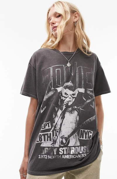 Topshop Graphic Licensed Foil Bowie Oversized Tee In Washed Black