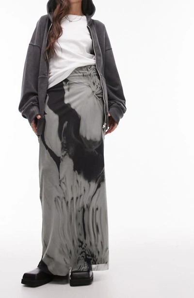 Topshop Jersey Mesh Maxi Skirt In Gray Floral Swirl