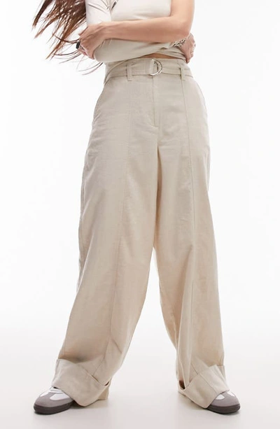 Topshop Belted Cotton & Linen Wide Leg Trousers In Ivory