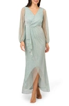 Adrianna Papell Metallic Ruffle Mesh Long Sleeve Gown In Mint Smoke