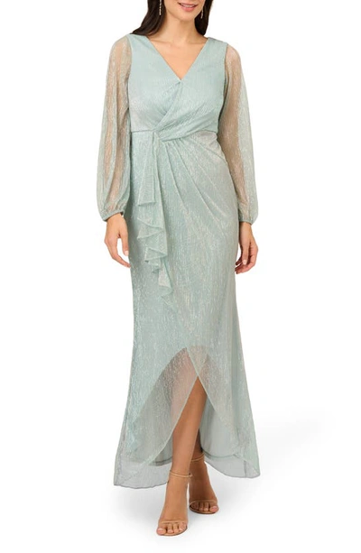 Adrianna Papell Metallic Ruffle Mesh Long Sleeve Gown In Mint Smoke