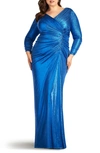 Tadashi Shoji Sequin Floral Detail Metalllic Liquid Jersey Gown In Pacific Blue