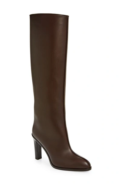 The Row Paneled Leather Knee Boots In Dark Brown