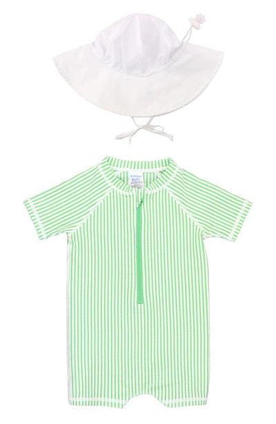 Ruggedbutts Babies' Kids' Stripe One-piece Rashguard Swimsuit & Hat Set In Green Seersucker