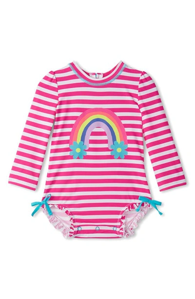 Hatley Babies' Kids' Candy Stripe One-piece Rashguard Swimsuit In Pink/ White