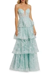 Mac Duggal Spaghetti Strap Applique Tiered Ruffle Gown In Mint
