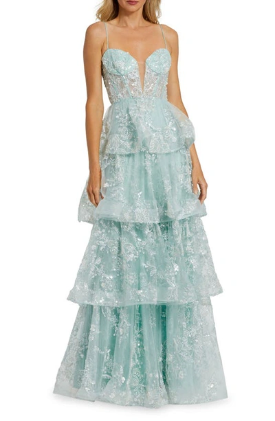 Mac Duggal Beaded Appliqué Tiered Gown In Mint