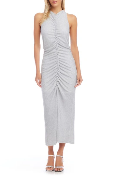 Fifteen Twenty Bailey Center Ruched Metallic Knit Midi Dress In Silver