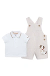 LITTLE ME COTTON POLO & PUPPY EMBROIDERED SHORTALLS SET