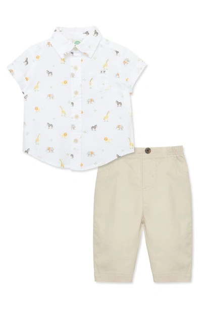 Little Me Babies' Safari Print Cotton Shirt & Pants Set In Tan