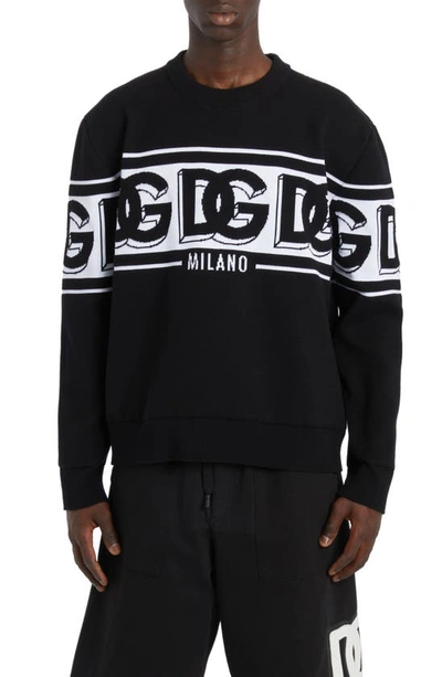 Dolce & Gabbana Men Black Crewneck Sweater With Dg Motif In Wool Blend Man
