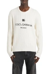 DOLCE & GABBANA EMBROIDERED LOGO CABLE KNIT VIRGIN WOOL CREWNECK SWEATER