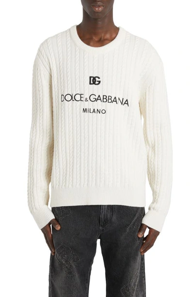 DOLCE & GABBANA EMBROIDERED LOGO CABLE KNIT VIRGIN WOOL CREWNECK SWEATER