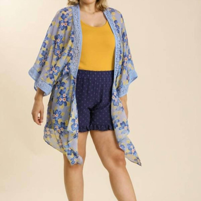 Umgee Sheer Floral Print Open Front Plus Size Kimono With Crochet Detail In Blue