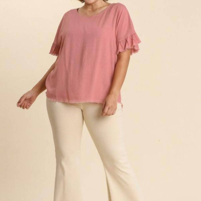 Umgee Linen Blend Round Neck Ruffle Sleeves Top In Pink