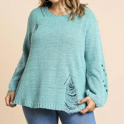 Umgee Distressed Plus Sweater In Blue