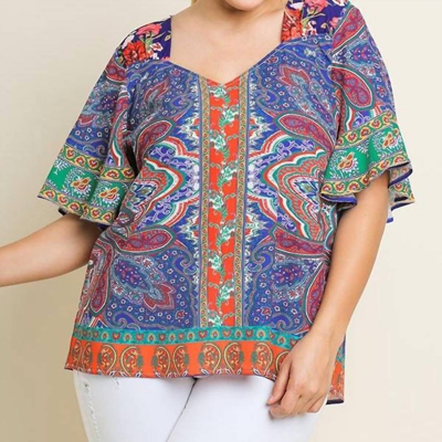 Umgee Paisley Scarf Print Bell Sleeve Plus Blouse In Blue