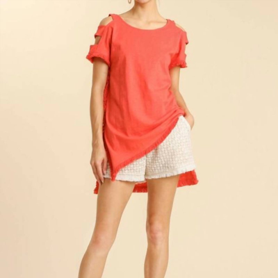 Umgee Short Sleeve High Low Tunic Top With Fringed Hems In Orange