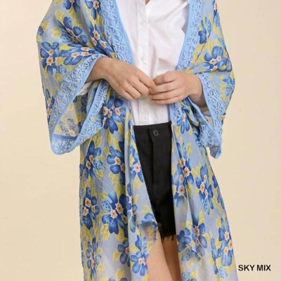 Umgee Sheer Floral Print Open Front Kimono With Crochet Detail In Blue