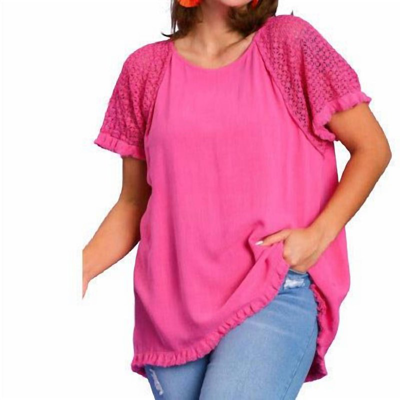 Umgee Linen Plus Top With Crochet Sleeves In Hot Pink