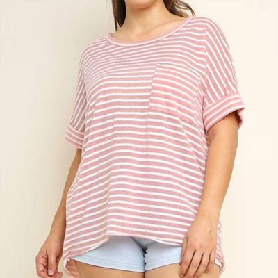 Umgee Basic Stripe Top With Chest Pocket In Pink